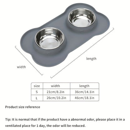 2-in-1 Dog Feeding & Watering Station, Thermoplastic Rubber Pet Bowl Mat with Stainless Steel Dual Bowls, Anti-Spill Pet Feeder, Includes Bowl Holder, Ideal for All Dog Breeds