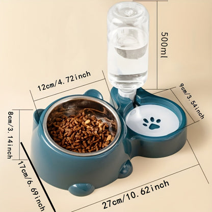 2-in-1 Automatic Pet Feeder & Water Dispenser, Stainless Steel & Plastic, Non-Slip Base, Dual Bowls with Paw Print Design for Cats and Small Dogs, No Batteries or Power Needed, Dog Feeder And Water Dispenser