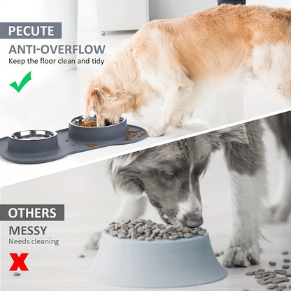 2-in-1 Dog Feeding & Watering Station, Thermoplastic Rubber Pet Bowl Mat with Stainless Steel Dual Bowls, Anti-Spill Pet Feeder, Includes Bowl Holder, Ideal for All Dog Breeds