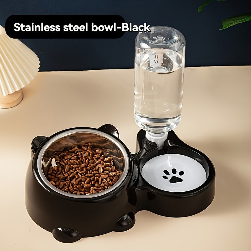 2-in-1 Automatic Pet Feeder & Water Dispenser, Stainless Steel & Plastic, Non-Slip Base, Dual Bowls with Paw Print Design for Cats and Small Dogs, No Batteries or Power Needed, Dog Feeder And Water Dispenser